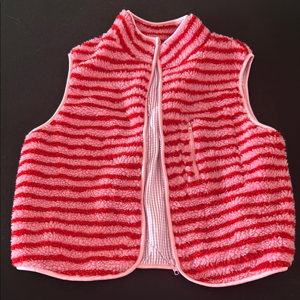 Red and Pink Striped Fleece Vest with pinkish purple gingham inside